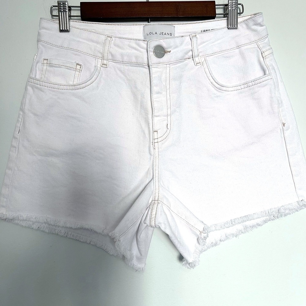 Lola high rise white cut‎ off raw hem stretch denim shorts size 29